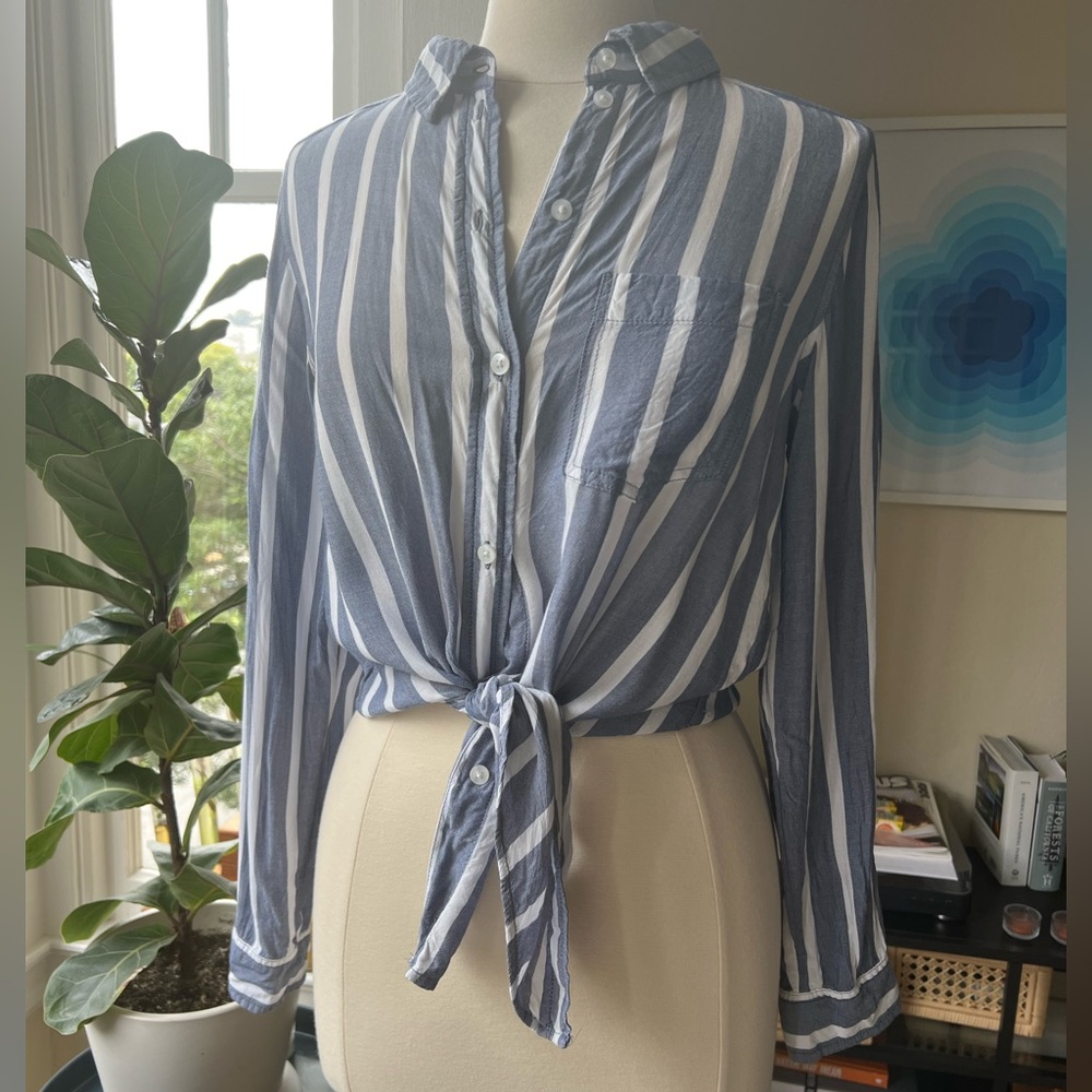 American Eagle Blue White Stripe Button Down Long Sleeve Blouse Size XS